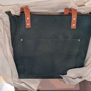 Portland Leather Goods - Green Large Zipper Tote Bag with tan handles - new